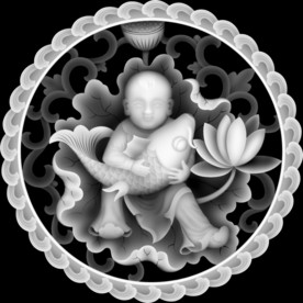 童子抱鲤鱼洋花圆形挂屏精雕浮雕