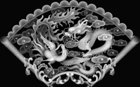 龙凤扇形镂空挂屏精雕浮雕灰度