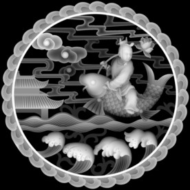 荷花童子骑鲤鱼圆盘镂空精雕浮雕