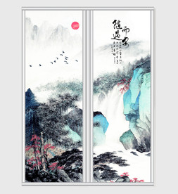 中式水墨风格唯美山水画移门