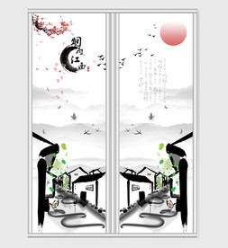 中国风意境水墨江南风景移门