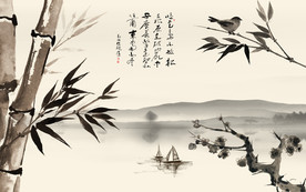 中式山水竹子电视背景墙