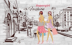 手绘美女街道装饰画背景墙