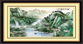 新中式国画山水江山如画山水瀑布