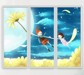 卡通儿童画插图三联门