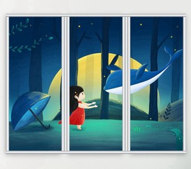 卡通唯美手绘治愈系插画三联门