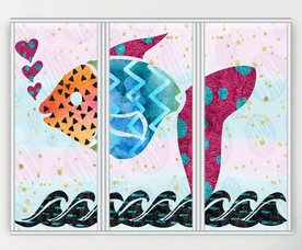 卡通游鱼装饰画三联门