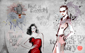 手绘时尚美女水泥墙背景墙