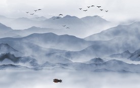 新中式意境水墨云雾山水背景壁画