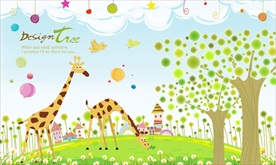 卡通长颈鹿树林风景