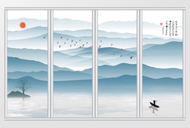 中式山水湖泊移门