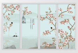 中式水墨桃树桃花移门
