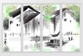 新中式水墨江南山水画移门