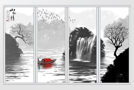 新中式抽象水墨写意山水移门