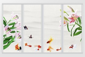 中式花卉色彩水墨移门