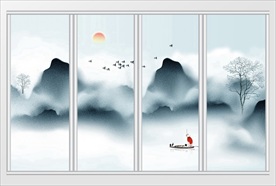 新中式水墨山水树林日出移门