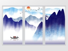 新中式蓝色抽象水墨山水画移门