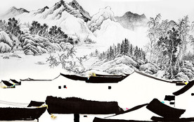 水墨山水工笔画中式电视背景墙