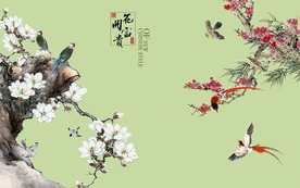 花开富贵牡丹玉兰花鸟中式背景墙