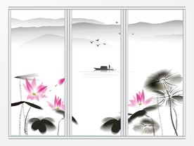 清新中国风水墨荷叶荷花移门
