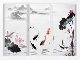 水墨山水鱼塘移门