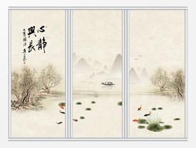 中式水墨山水荷花移门