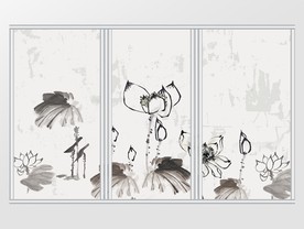 中式中国风水墨意境荷花移门