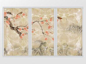 新中式喜鹊山水画移门