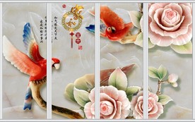 3D玉雕鹦鹉玫瑰花移门