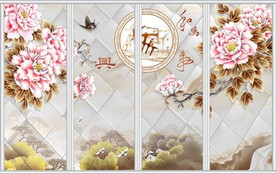 彩雕牡丹花山水风景画移门