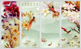 富贵有余彩雕玉兰九鱼图移门