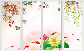 工笔花鸟荷花九鱼图移门