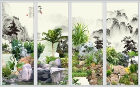 山水园林国画客厅移门