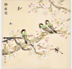 工笔花鸟桃花喜鹊纳福图装饰画