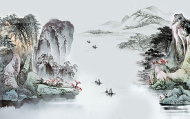 国画山水中式电视机背景墙