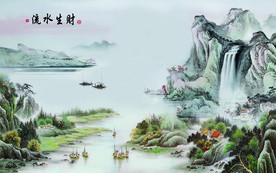 流水生财山水中式电视机背景墙