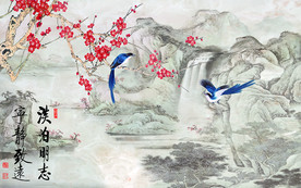 宁静致远花鸟中式电视机背景墙