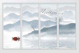 新中式水墨画山水移门