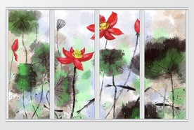 新中式抽象水墨荷花移门