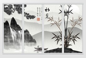 新中式水墨山水鸟语花香移门