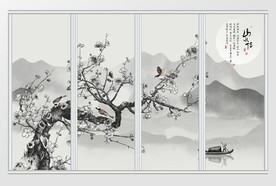新中式水墨山水画鸟语花香移门