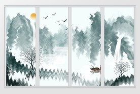 新中式山水中国画日出移门