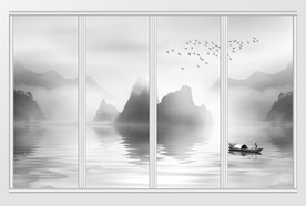 新中式水墨山水飞鸟移门