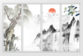 中国风中式水墨山水移门