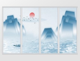 新中式蓝色素雅几何山水移门