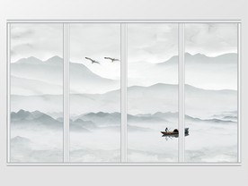 高清山水云海小舟移门