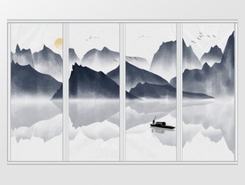 中式意境手绘水墨山水移门