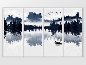 中式手绘意境山水画移门