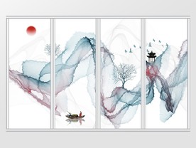 新中式山水凉亭渔船移门