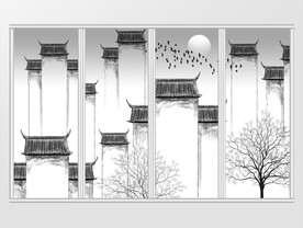 新中式手绘徽派建筑马头墙移门